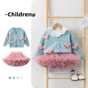 Princess Style Long Sleeve Puffy Skirt Cardigan Sweater Set Baby Girls Base Layer Clothing Trendy Spring Autumn Outfit