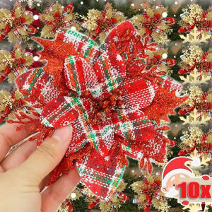 10ชิ้นดอกไม้คริสต์มาสเทียมพร้อมคลิปต้นคริสต์มาสเครื่องประดับดอกไม้ปลอม DIY พวงมาลัยตกแต่งงานแต่งงานปีใหม่อุปทานตกแต่ง