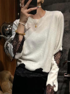 QINGNAER | French Style Versatile Semi-Formal Autumn New Knit Top with Lace Mesh
