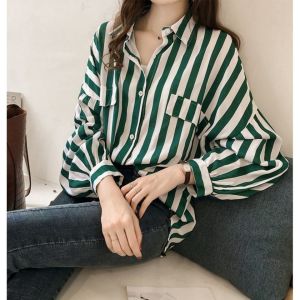 Korean Style Loose Plus Size Striped Shirt Women Long Sleeved Blouse Baju Baju Wanita Lengan Panjang