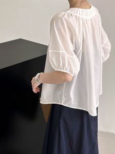 Áo Sơ Mi Cotton Tay Lửng Màu Trắng Thanh Lịch Cho Nữ Có Vải Xếp Tay Phồng Phong Cách Pháp Cảm Giác Cao Cấp Áo Mùa Hè