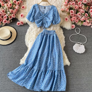 Chiffon Big Swing Long Skirt High Waist A- line Skirt Floral Fresh Skirt Two-piece Set Dress High Waist Short Chiffon Shirt Summer