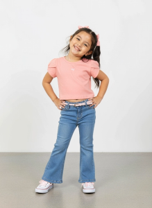 Moose Girl Ruddy Blue Denim Flare Pants With Lace Pink Belt (GDLP 511 7776)