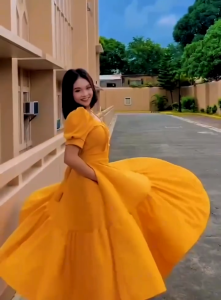 Elegant Large Skirt Hem Asymmetrical Full Midi Dress Solid-color Vintage  L2366