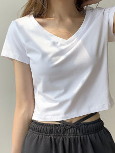 Korean Style High Waist Crop Top Loose Fit Short Sleeve T-Shirt Pure Cotton V-Neck Summer Basic Shirt for Women