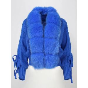 เสื้อโค้ทขนสัตว์ถัก2024ผู้หญิง เสื้อโค้ทขนสัตว์ธรรมชาติลำลองคอขนจิ้งจอกแท้แฟชั่นใหม่อบอุ่นสั้นทรงหลวมสำหรับฤดูหนาว