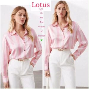Lotus] Áo Sơ Mi Lụa Satin Đẹp Thanh Lịch/ Sơ Mi Nữ Dáng Rộng Sang Trọng/ Áo Kiểu Tay Dài Kẻ Sọc Màu Trắng Hồng Trẻ Trung