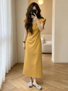 Homecore | Elegant Slim Yellow Square Neck Flutter Sleeve Dress