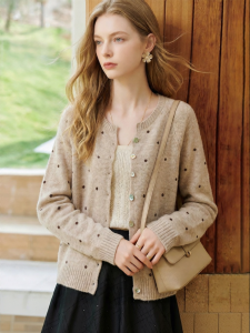 Dotted Round Collar Knit Cardigan Soft Wool