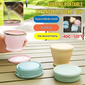【Food Grade】Mini Foldable Retractable Cup with Lid Silicone Telescopic Pocket Cup Reusable Foldable Camping Cup for Outdoor Hiking