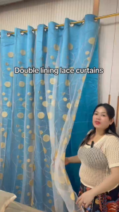 7Ft Double Layer Elegant blue embroidered curtains for living room sheer fabric window curtains for home bedroom