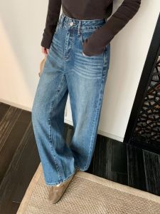 Blue Casual Loose Womens Jeans Pusumede Lazy Wide Leg Floor-Length Pants Vintage Style Cotton Comfortable Autumn Wear