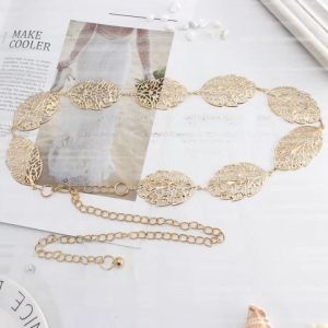 Leaf Shaped Hollow Metal Chain Belt for Women Elegant Gold Silver Color Ladies Waistband Fashion Dress Waist Belt Fashion Women Metal Vintage Belt Leaf Stylish Metal Golden Silver Leaves Design Chain Belt Womens Waist Elasticity Waist Belt