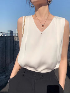 WANGGONGZHU | เสื้อกั๊กผ้าซาตินอะซิเตทบางสำหรับผู้หญิงในช่วงฤดูร้อน เสื้อเชิ้ตแขนกุดแบบสวมหัวทรงหลวมๆ สไตล์ฝรั่งเศส