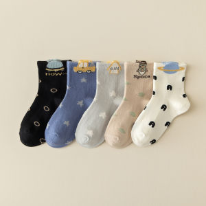 Five Pairs Childrens Cartoon Cotton Socks Breathable Absorbent Autumn Winter Style Color Block Design Boys Girls Kids Socks