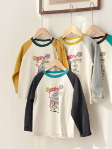 Pure Cotton round Neck Dopaamine Childrens Base Shirt Cartoon Print Spring Autumn Kids T-Shirt Boys Girls Suitable