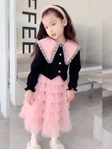 WANDER เสื้อผ้าเด็กผญ ชุดแฟชั่นเด็กผู้หญิง ดีไซน์สไตล์เจ้าหญิงเกาหลี ชุดเซ็ต2ชิ้นเสื้อแขนยาวเด็กผู้หญิง + กระโปรงทรงเค้ก2389