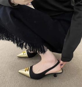 Giày Cao Gót Hở Mũi Màu Đen Và Vàng Kiểu Pháp Mary Janes Giày Cao Gót Mùa Hè Mới Cho Nữ Giày Cao Gót Mũi Nhọn Đế Bằng