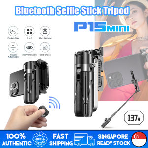 🇸🇬[Ready Stock] P15 Mini Selfie Stick Tripod Stabilizer Bluetooth 3-In-1 Portable Telescopic Phone Holder Tripod Stand Handgrip with Remote Support Fill Light for Vlog Live Streaming 便携手机自拍杆三脚架