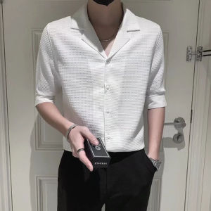 Niche Design Cuban Collar Shirt Mens Artsy Elegant Silm Cropped Short Sleeves Fancy Waffle Shirt Fashion