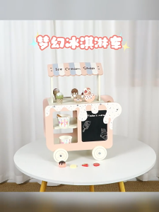 JewelRaes Lily Ice Cream Cart Playset Wooden Ice Cream Toys Dessert Shop for Kids with Chalkboard Menu