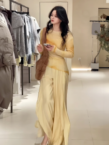 Áo Len Dệt Kim Dài Tay Không Đều Cho Nữ Mùa Xuân 2025 Quần Ống Rộng Thời Trang Hai Mảnh Cotton 100% Cổ Tròn