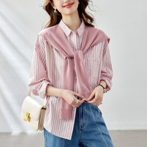 Ladies Pure Cotton Oversized Shirt with Shawl Spring New Style Korean Version Striped Turn-down Collar Top And Bottom Set