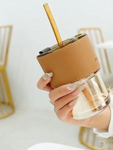 [HCM] Cốc thủy tinh Gorgous có nắp ống hút và bao da đi kèm 400ml-TyHome