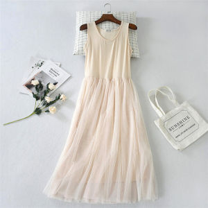 Double-Layer Gauze Lace Underwear Sling Dress Plus Size Slimming Inner Wear Tank Top Long Dress No Sleeves Versatile Womens Dress