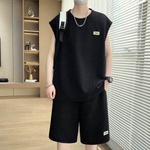 ROMON | Romon Ice Silk Mens Sleeveless T-Shirt Set Summer Thin Loose Vest Sportswear Cool Casual Outfit Polyester Blend Shorts