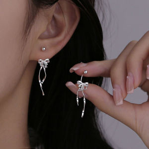 C.three Silver Ribbon Bow Earrings Sweet Fashionable High-end Earrings Niche Light Luxury Earrings