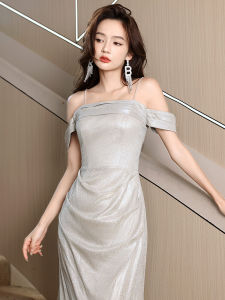 Elegant Long Evening Gown Womens Hostess Strap Dress Slimming Korean Style Short Sleeve mid Waist Pure Color Formal Wear