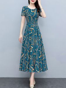 Váy Voan Họa Tiết Hoa Tay Ngắn Mùa Hè Cho Phụ Nữ Trung Niên Dáng Chữ a Cạp Cao Váy Midi Chữ a Dáng Thon Gọn