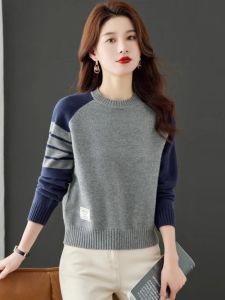 Outlets Brand Big Sale Low round Neck Short Sweater Womens Wool Knitting Colorblock All-Matching Pullover Bottoming Shirt Women