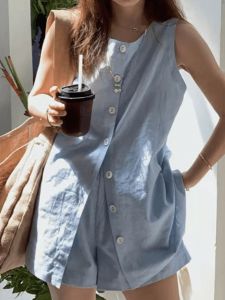 Casual Cotton Linen Two-Piece Set Sleeveless Summer Style Womens Fashion Slim Fit Versatile Shirt And Pants Ensemble