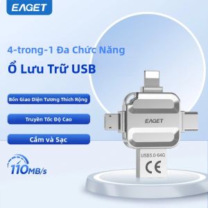 Ổ Flash USB Mini 4 Trong 1 Eaget Hỗ Trợ USB Type C/Micro B/Lightning Sang USB 3.2 Dành Cho Điện Thoại Máy Tính Máy Tính Xách Tay Chất Liệu Kim Loại.