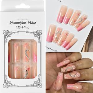 24Pcs Long Coffin Ballerina Press On Nail Pink 3D Heart Rhinestone Chain Glitter French Fake Nail Y2K Wearable False Fingertips