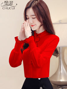French Fashion Chiffon Shirt Womens Base Shirt 2025 New Style Red Lucky Year Top Button Design Lantern Sleeve Straight Cut