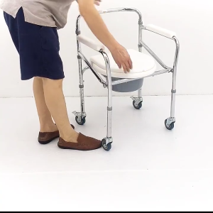 Duty Commode Chair with Wheels - Foldable Adjustable Height Kerusi Berak Portable Toilet for Elderly&Pregnant with Removable Bucket&Anti-slip Feature