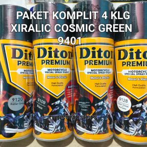 Pilok Cat Diton Premium Paket Komplit 4 Kaleng 400cc Cosmic Green XP9401 9401 Primer Grey Epoxy 9120 Black 9109 Clear Glossy 9128 Xirallic Xiralic Hijau Pilox Cat Semprot Paketan Lengkap