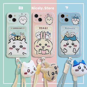 Cute Chiikawa Card Holder Plush Wrist Strap Phone Case Compatible for iPhone 15 14 13 12 Pro Max 11 15Promax 12Promax Full Coverage Back Cover TPU Casing