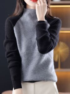 เสื้อสเวตเตอร์ถักคอสูงแขนยาวสไตล์ย้อนยุคสไตล์ฮ่องกงสำหรับผู้หญิงไซส์ใหญ่ ชุดชั้นในแฟชั่นฤดูใบไม้ร่วง ผ้าฝ้ายผสมโพลีเอสเตอร์