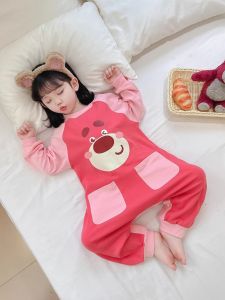 Áo Ngủ Trẻ Em Mùa Xuân Thu Cotton Nguyên Chất Hoạt Hình Hình Con Gấu Dâu Tây Thoáng Khí Quần Áo Mặc Nhà Cho Bé Gái
