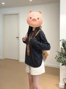 Áo Thun Nữ Dáng Rộng Dài Tay Kẻ Sọc Màu Tương Phản Phong Cách Hàn Quốc Mùa Thu Thường Ngày Dài Vừa Phải Cổ Tròn Không Có Nút Cài