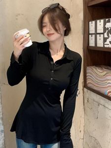 plus Size Pure Cotton Long Sleeve T-Shirt Womens Early Autumn Design Polo Collar Slimming Waist Effect Base Shirt Korean Style