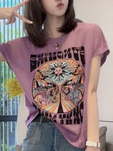 เสื้อยืดคอกลมแขนสั้นผ้าฝ้ายแท้สำหรับผู้หญิง ฤดูร้อน 2023 เสื้อผ้าทำงานสไตล์เกาหลี ทรงหลวม ปกติ คอกลม ลายพิมพ์เสื้อผ้าสำหรับผู้หญิง