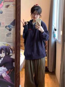 American Style Womens Hoodie Loose Fit Spring Autumn Korean Lazy Style Zipper Jacket Comfortable Breathable Cotton Material