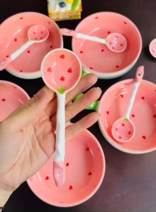 Bộ Bát Đĩa Gốm Sứ Decor Bát Ăn Cơm Bát Ăn Chè Chén Dĩa Dễ Thương Chảo Béo Dâu Hồng Xinh Yêu Dễ THương