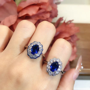 Fashionable Commuter Style Royal Blue Sapphire Ring Classic Pigeon Egg Double Layer Full Diamond Zircon Color Gem Open Ring