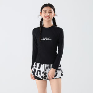 Haozhilang Childrens Swimwear Long Sleeve Womens Style with Chest Pad Sunscreen Quick Dry Swimming Suit for Teenage Girls